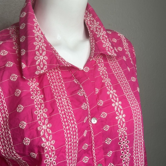 Ultra Pink Eyelet 100%‎ Cotton Embroidered Button Down Shirt Blouse Top Sz L - Picture 5 of 12